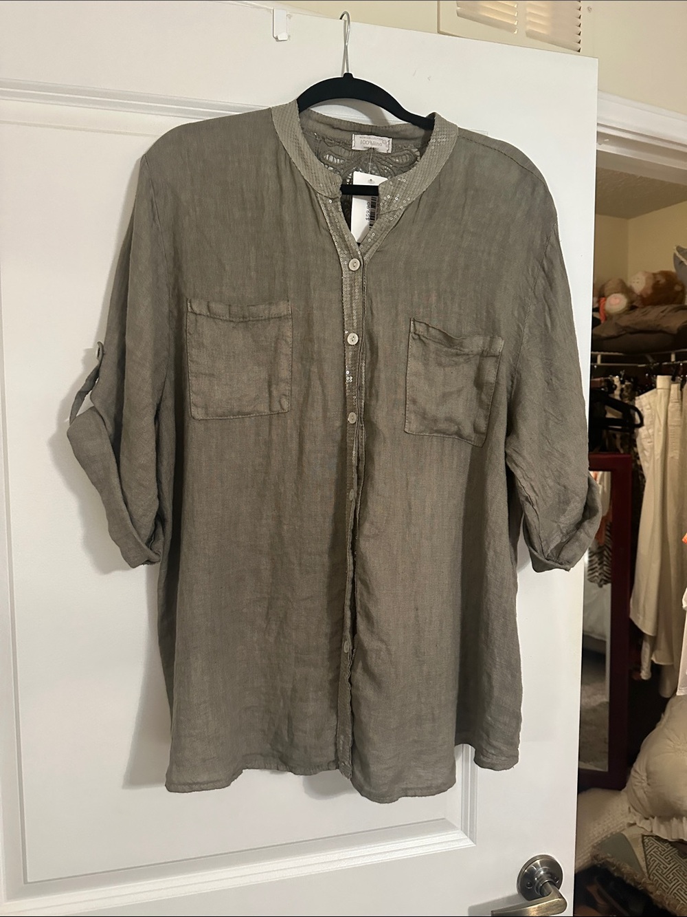 Women’s Olive Button-Front Linen Shirt With Embroidered Back and Sequin Details